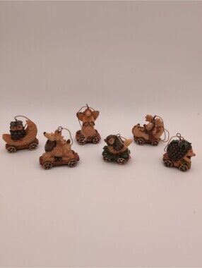 Vintage Miniature Woodland Animals Christmas Ornaments Set 6 Hedgehog, Owl, More